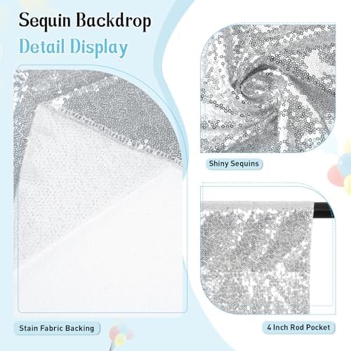 SquarePie 8x8ft Silver Sequin Backdrop, High Density Non-Transparent Glitter Curtain for Photography, Birthday, Wedding Party Decorations, Thick Solid Background with 4" Rod Pocket, 1 Panel - Image 4