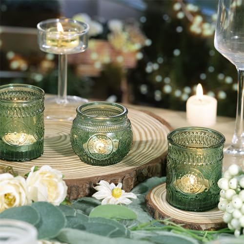 DARJEN 12Pcs Green Votive Candle Holders - Glass Tea Light Candle Holder for Wedding Shower, Candle Holder Bulks for Wedding & Home Table Decor, Vintage Parties Gifts - Image 3