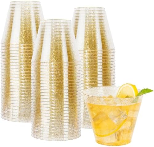 I00000 100 Pcs Gold Plastic Cups, 9 oz Hard Gold Glitter Disposable Cups by I00000