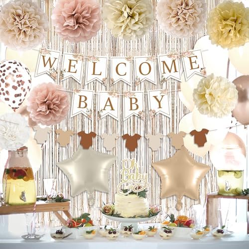 Champagne Baby Shower Decorations, Boho Beige Baby Shower Decor Set with Welcome Baby Banner,Tissue Pom Poms,Oh Baby Cake Topper,Nude Cream Gold Balloons| Neutral Baby Boy Girl Shower Party Supplies - Image 3