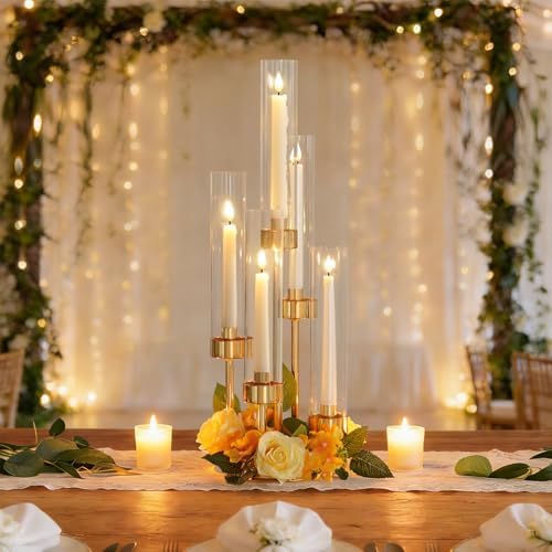5-Arm Black Metal Table Candelabra Centerpiece, 22" Tall Clear Candlesticks Holder with Shade for Valentines Day Events Party Table Centerpiece,Fit LED Candles (4, Gold, S-22in) - Image 5