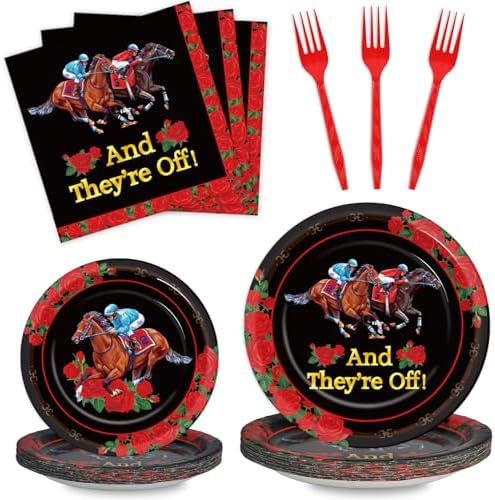 Qyeahkj 100PCS Derby Day Plates and Napkins Party Supplies Horse Racing Tableware Set Kentucky Party Decorations Favor Racing Horse Roses Dinner Plates for Derby Day Celebrations Serves 25 by Qyeahkj