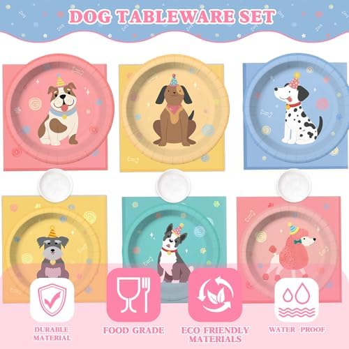 198 Pcs Pet Dog Birthday Party Supplies (Serves 24), Vintage Puppy Face Party Tableware Birthday Party Decorations Set Include Banner Plates Napkins Cups Forks Knifes Tablecloth Topper for Party - Image 3