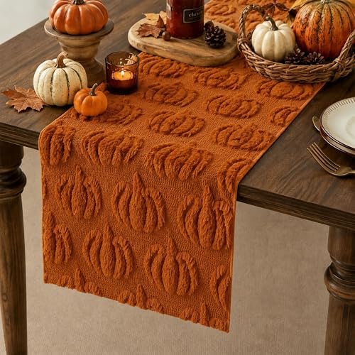 Fall Table Runner 13x72 Inch Soft Plush Faux Fur Jacquard Rust Pumpkin Table Runner, Seasonal Autumn Kitchen Dining Table Decoration for Home Party Decor ZR009B72 - Image 2