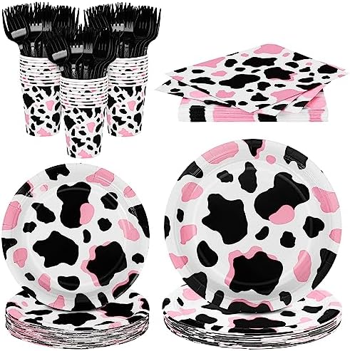 durony 144 Pieces Pink Cow Print Party Tableware Set Including Cowgirl Pink Cow Party Plates Cups Napkins Forks Serves 24 for Baby Shower Farm Cow Party Decorations by durony