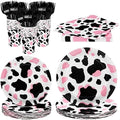 durony 144 Pieces Pink Cow Print Party Tableware Set Including Cowgirl Pink Cow Party Plates Cups Napkins Forks Serves 24 for Baby Shower Farm Cow Party Decorations by durony