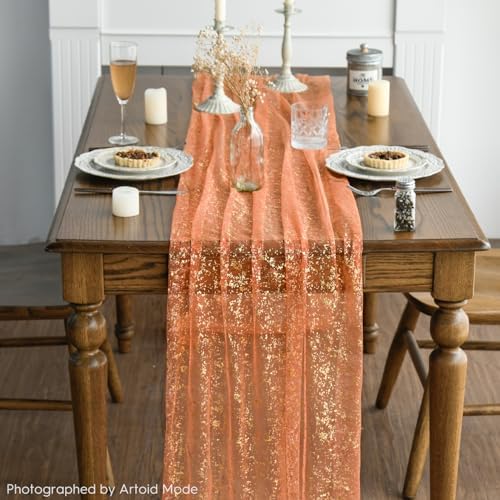 Artoid Mode 6PCS Orange Gold Gauze Table Runner 120 Inch 10FT, Glitter Metallic Foil Sheer Dining Wedding Anniversary Holiday Table Decor for Home Party - Image 6
