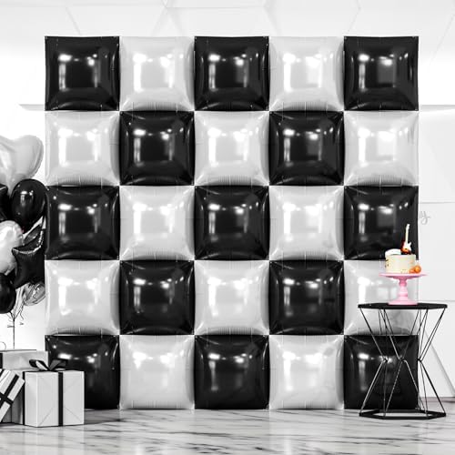 NISOCY 25PCS Black and White Square Foil Balloons Wall Backdrop by NISOCY