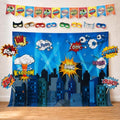 Superheroes Theme Party Photography Backdrop with Prop, Flag & Mask. Super Hero Cityscape Photo Booth Background for Kids Party, Birthday Wall Decorations by GlitteryGarden