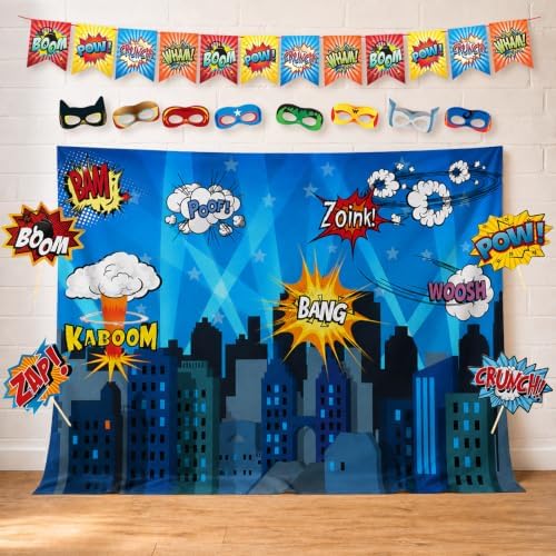Superheroes Theme Party Photography Backdrop with Prop, Flag & Mask. Super Hero Cityscape Photo Booth Background for Kids Party, Birthday Wall Decorations by GlitteryGarden