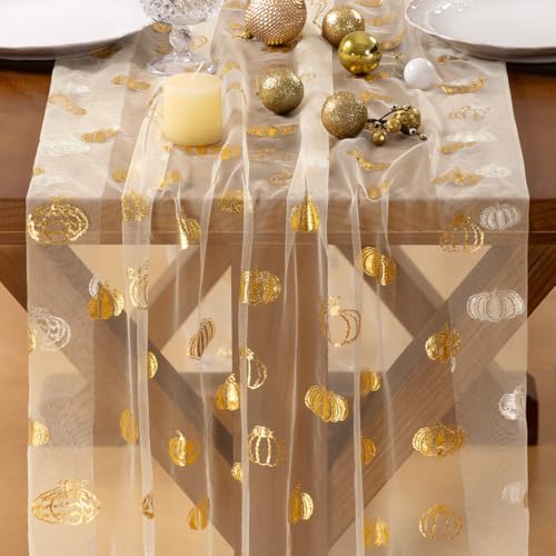Gold Gauze Table Runner Fall Pumpkin Sheer Party Centerpiece Table Decor - Image 2