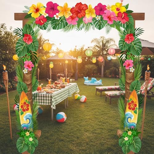 Peryiter 3 Pcs Hawaiian Summer Door Banners Luau Tropical Palm Leaf Flowers - Image 5