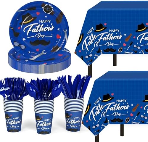 Childom Fathers Day Decorations for Party,132 Pcs Disposable Fathers Day Plates Tablecloth Cups Knives Spoons Forks for Party Supplies,Plates Tableware for Dads Birthday,Home,Brunch,Dinner,Serves 26 by Childom