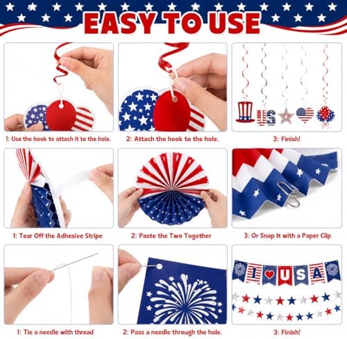 Red White Blue Party Decoration, USA Veterans Day Banner Paper Fans - Image 5