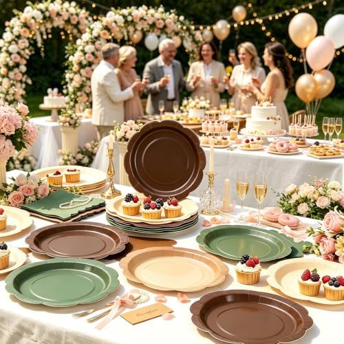 96Pcs Woodland Plates and Napkins Party Supplies,9 Inch Sage Green Brown Neutral Disposable Plates,6.5" Scalloped Napkins,Animals Safari Baby Shower Party Decorations for Birthday,Serves 48 - Image 6
