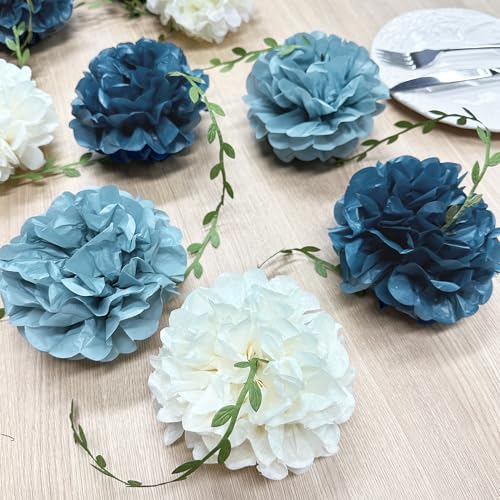 Dusty Blue Party Decorations Dusty Navy Blue Beige Tissue Paper Flowers Pom Pom with Leaf Ribbon Hanging Garland Streamer for Birthday Wedding Graduation Retirement Nautical Party Supplies - Image 5