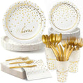 168Pcs White and Gold Paper Plates and Napkins Party Supplies for 24 Guest by OuMuaMua