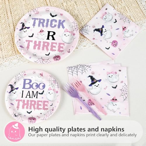 Grencian 96Pcs Trick or Three Halloween 3rd Birthday Decorations for Girls - Image 3