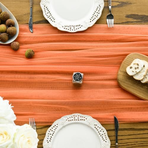 Artoid Mode 3PCS Orange Gauze Table Runner 120 Inch 10FT, Seasonal Sheer Kitchen Dining Holiday Wedding Birthday Baby Shower Table Decor for Home Party - Image 2