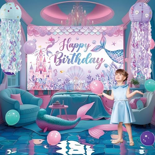 Mermaid Birthday Decorations For Women,Colorful Jellyfish Lanterns,Happy Birthday Backdrop,Banner Balloons,Table Cloth,Paper pom poms Party Supplies for Girls - Image 6