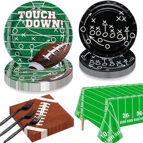 Football Party Supplies for 20 Guests, Disposable Tableware Set includes Formation Tactics Plates, Napkins, Football Field Tablecloth for Game Day Touchdown Tailgate Party Kids Birthday Party by QUERICKY