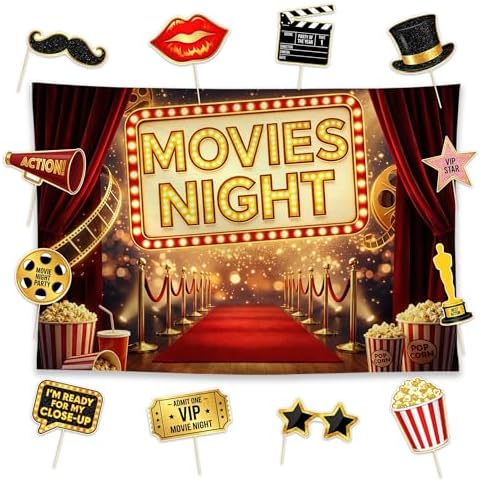 Allenjoy Movie Night Party Birthday Decorations Set - 13 Piece Kit with 59"x35" Backdrop, 12 Photo Booth Props, Decor Supplies, Favors for Men Women Boyfriend Girlfriend Husband Wife by Allenjoy