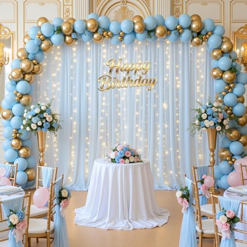 Gallety Baby Blue Tulle Backdrop Curtain with String Lights, 10x8ft Sheer Blue Backdrop Curtain for Photography, Wedding, Boy Gender Reveal, Baby Shower, Birthday, Baptism, Easter Decorations - Image 5