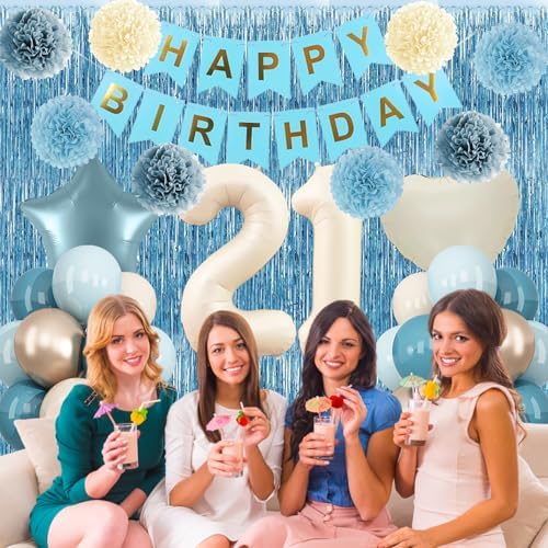 Dusty Blue 21st Birthday Party Decorations Boys Beige Number 21 Balloon - Image 3