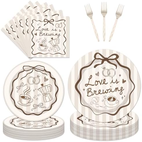 96Pcs Love Is Brewing Bridal Shower Plates Napkins Sets Love is Brewing Coffee Party Decorations Supplies Tableware with Plates Napkins Forks for Wedding Engagement Bachelorette Party Serves 24 Guests by Unknown