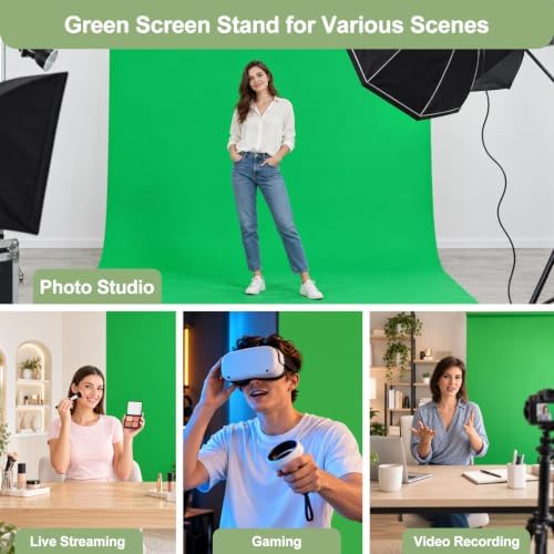 Green Screen Backdrop Kit with Stand for Streaming, 5x7ft Photo Greenscreen Background with Portable T-Shape Stand and 5 Clamps for Photography Photoshoot, Studio Video Recording - Image 2