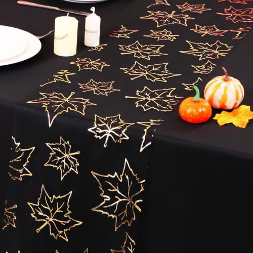 Snowkingdom 49ft Black Gold Leaves Fall Table Runner Thanksgiving Decor by Snowkingdom