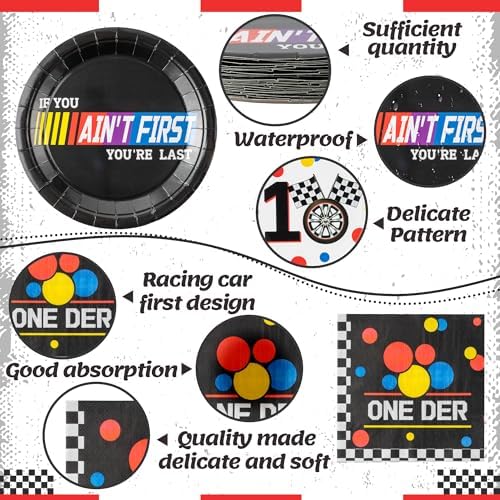 Racing Car First Birthday Party Supplies - 96pcs Paper Plates Napkins Forks Kids 1st Birthday Party Table Decorations Racing Car First Themed Disposable Cake Tableware Set for 24 Guests - Image 3
