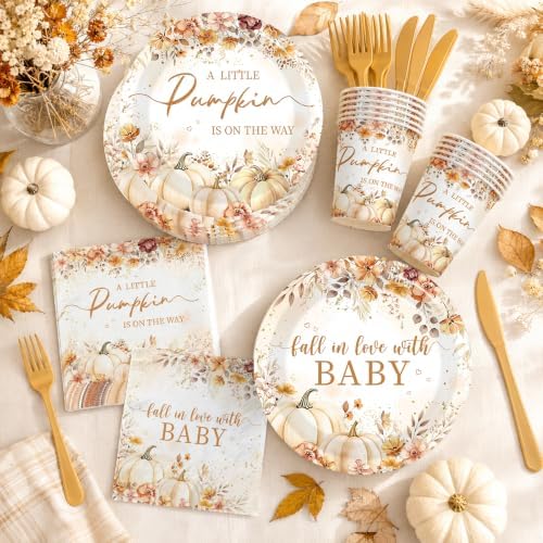 Little Pumpkin Baby Shower Decorations - Fall in Love With Baby Tableware Boho Autumn Floral Thanksgiving Party Supplies for A Little Pumpkin is On The Way Baby Shower Decor Serve 24 - Image 4