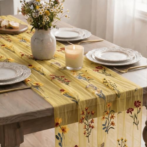 Artoid Mode Wildflower Yellow Gauze Embroidery Table Runner 120 Inch 10FT - Image 4