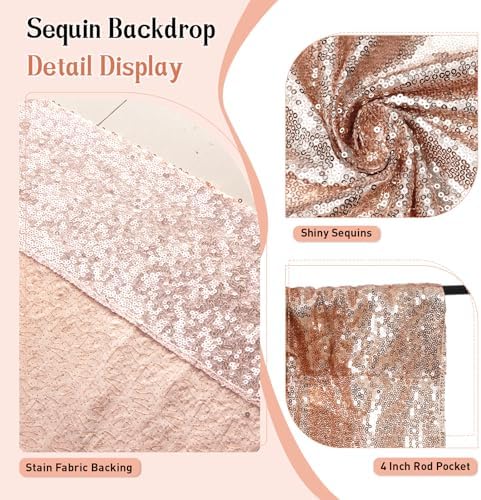 SquarePie 7x7ft Rose Gold Sequin Backdrop, High Density Non-Transparent Glitter Curtain for Photography, Birthday, Wedding Party Decorations, Thick Solid Background with 4" Rod Pocket, 1 Panel - Image 3