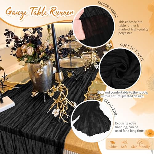 4 Pack Black Cheesecloth Table Runner 17x108 Inches Boho Home Decor - Image 3