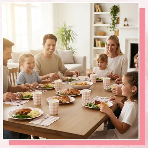 NatNarr 250 Pcs Pink Gingham Plates Set, Scalloped Pink and White Checkered Tableware Set Includes Disposable Plates Napkins and Cups for Wedding Birthday Picnic Baby Bridal Shower - Image 6