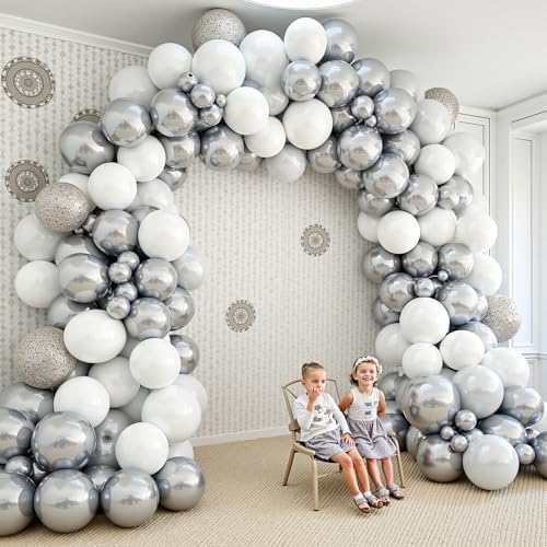 412Pcs White and Silver Balloons Arch Kit, 18 12 10 5 Inch White Metallic Silver Latex Balloon for Wedding Bridal Shower Engagement Anniversary Birthday Party Decorations - Image 7