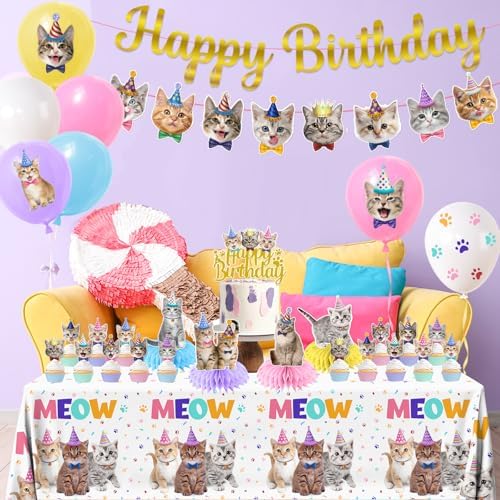 Cat Birthday Decorations,189pcs Cat Party Decorations cat Birthday Plates and Napkins Cups Tablecloth Cake Topper Hanging Swirls Centerpiece Balloon for Ca t Party Supplies - Image 4