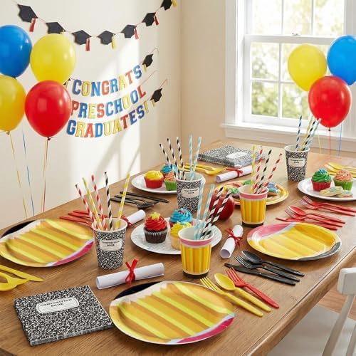 450 Pcs Back to School Tableware Set, Serve 50, Red Yellow - Image 6