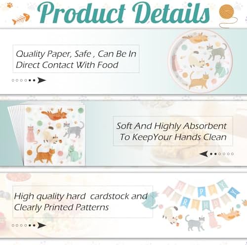 Qinyoung 176 Pcs Cat Birthday Party Supplies Disposable Tableware Set Serves 25 Cute Kitten Themed Paper Plates Napkins Cups Cutlery with Banner for Birthday Decorations - Image 3
