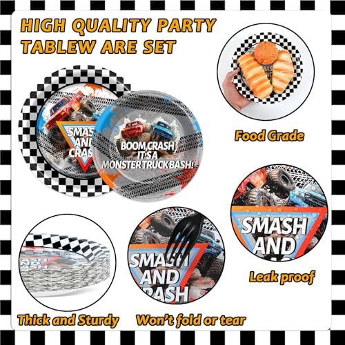 96Pcs Monster Truck Party Plates and Napkins for Monster Truck Birthday Party Supplies Paper Dessert Plates Tableware Set for Kids Boys 24 Guests Birthday Decorations - Image 3