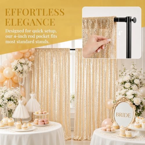 ShinyBeauty Light Gold Sequin Backdrop 2 Panels 7x7ft Christmas Backdrop - Image 3
