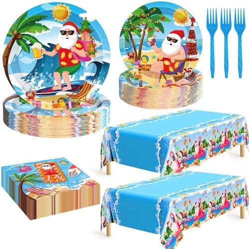 QZYL 122Pcs Summer Christmas Decorations, Tropical Beach Plates Party Supplies, Disposable Xmas in July Plates, Napkins, Cups, Forks and Tablecloth for Beach Pool Party, Serves 30 Guests​ by QZYL