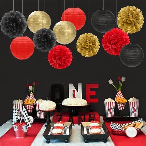 Red-Black Gold Party-Decorations Paper Flowers Lanterns - 15PCS Casino Theme Halloween Tissue Pom Poms Streamers,Game Night Women Men Birthday Wedding Bachelorette Hanging Supplies Decor Hugfond - Image 3