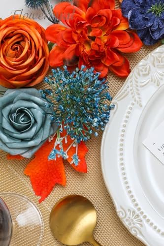 Floweroyal Artificial Flowers Combo Orange Flowers Mix Silk Flowers Dahlia Roses with Stems for DIY Wedding Bridal Bouquets, Baby Shower, Floral Arrangement, Table Centerpieces, Home Decorations. - Image 5