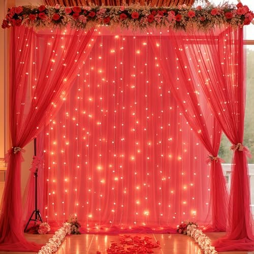 30×10ft Red Tulle Backdrop Curtain with Lights String for Parties, Sheer Photo Backdrop Curtains for Wedding Party Photography Background - Image 2
