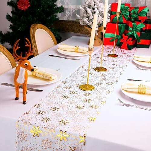 Snowkingdom 2 Pcs Christmas Snowflake Gold Table Runner Sparkly Golden Metallic Foil Runners Decorations Glitter for Winter Festival Holiday Home Party Seasonal - Image 2