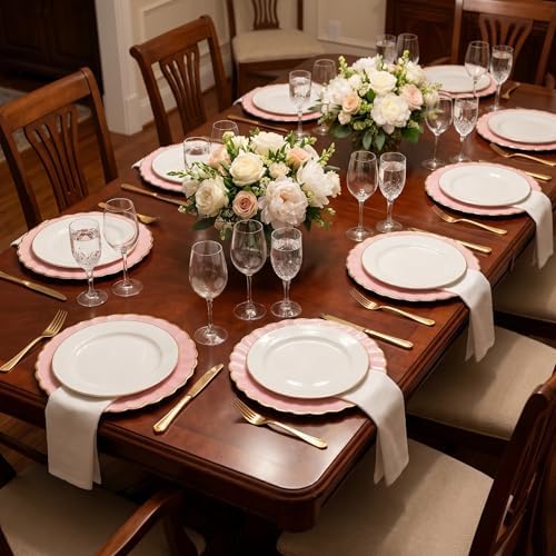 13 Inch Pink Scalloped Charger Plates with Gold Rim (Set of 6), Round Wave Plastic Serving Plates for Weddings, Bridal Showers, Birthday Parties, Catering & Table Decorations - Image 6