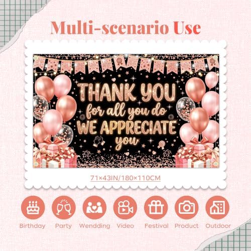 Appreciate You Banner Decorations, Pink Silver Thank You for All You Do Backdrop Banner, Reusable Anti-Tear Fabric Background with 6-Meter Hanging Rope, Office Employee Staff Teacher Appreciation Party Supplies 71x43Inch - Image 2